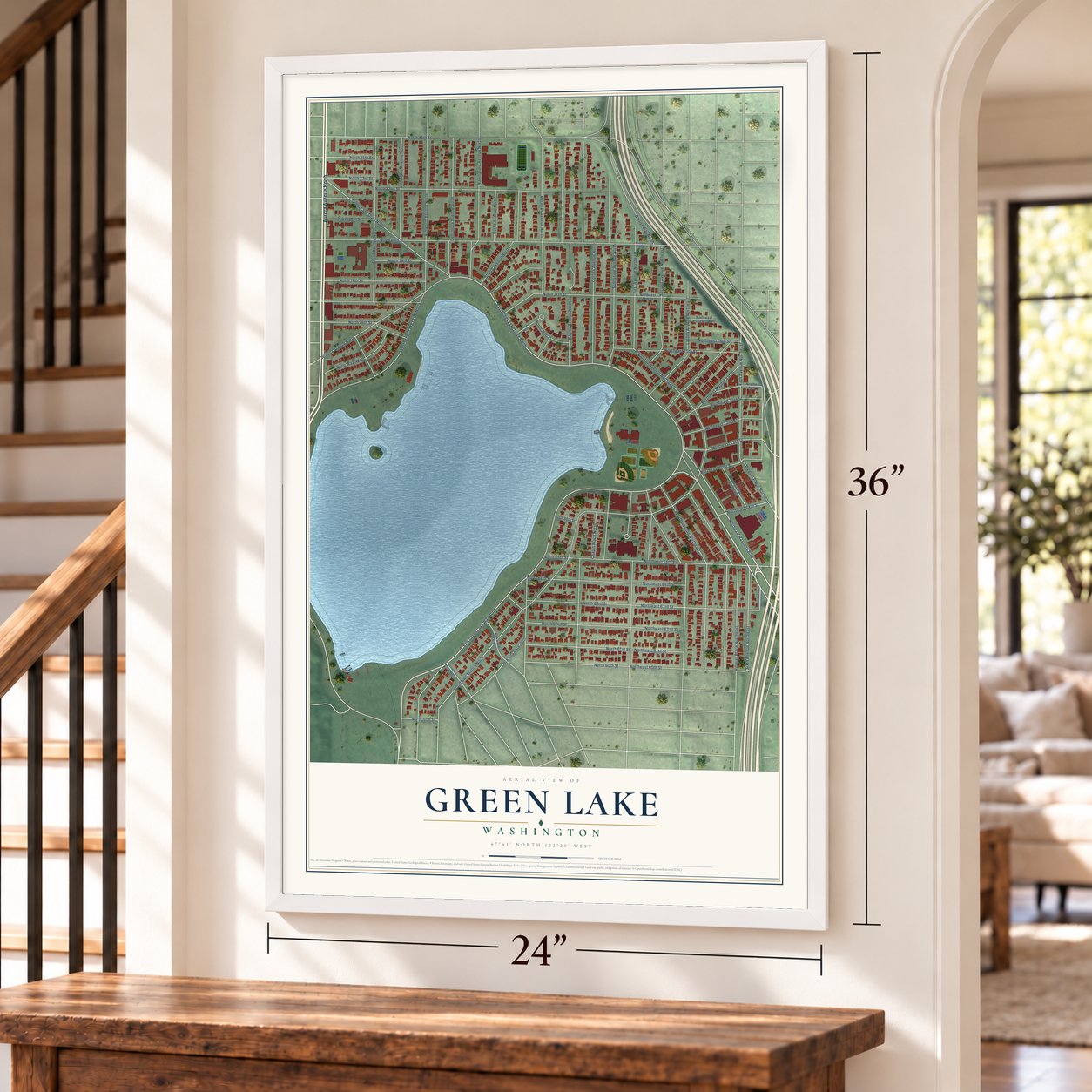 Green Lake, Washington map, 24 x 36 inch print in a white frame by a staircase