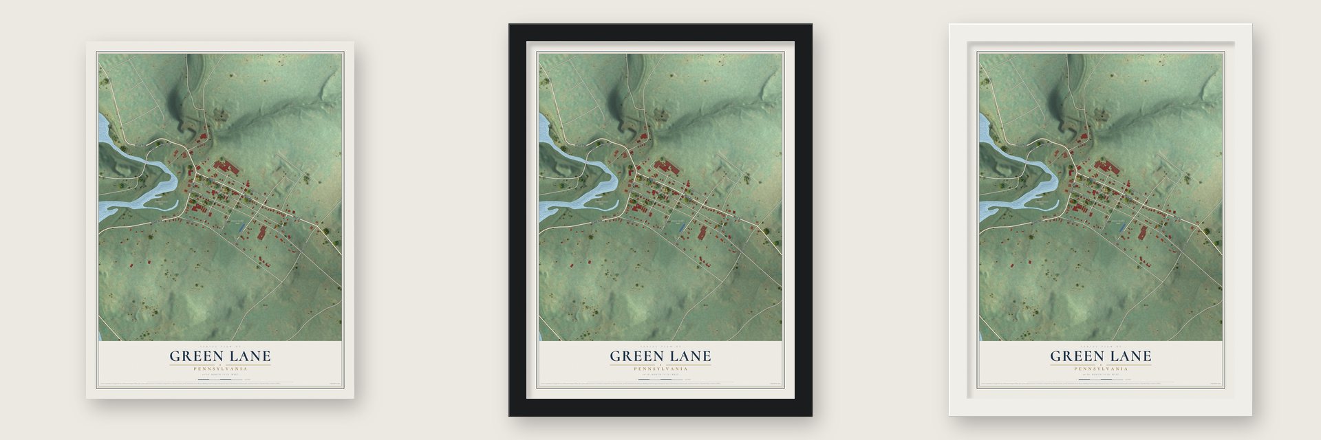 Green Lane, Pennsylvania map unframed, in a black wood frame and in a white wood frame