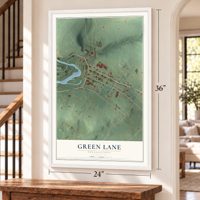 Green Lane, Pennsylvania map, 24 x 36 inch print in a white frame by a staircase