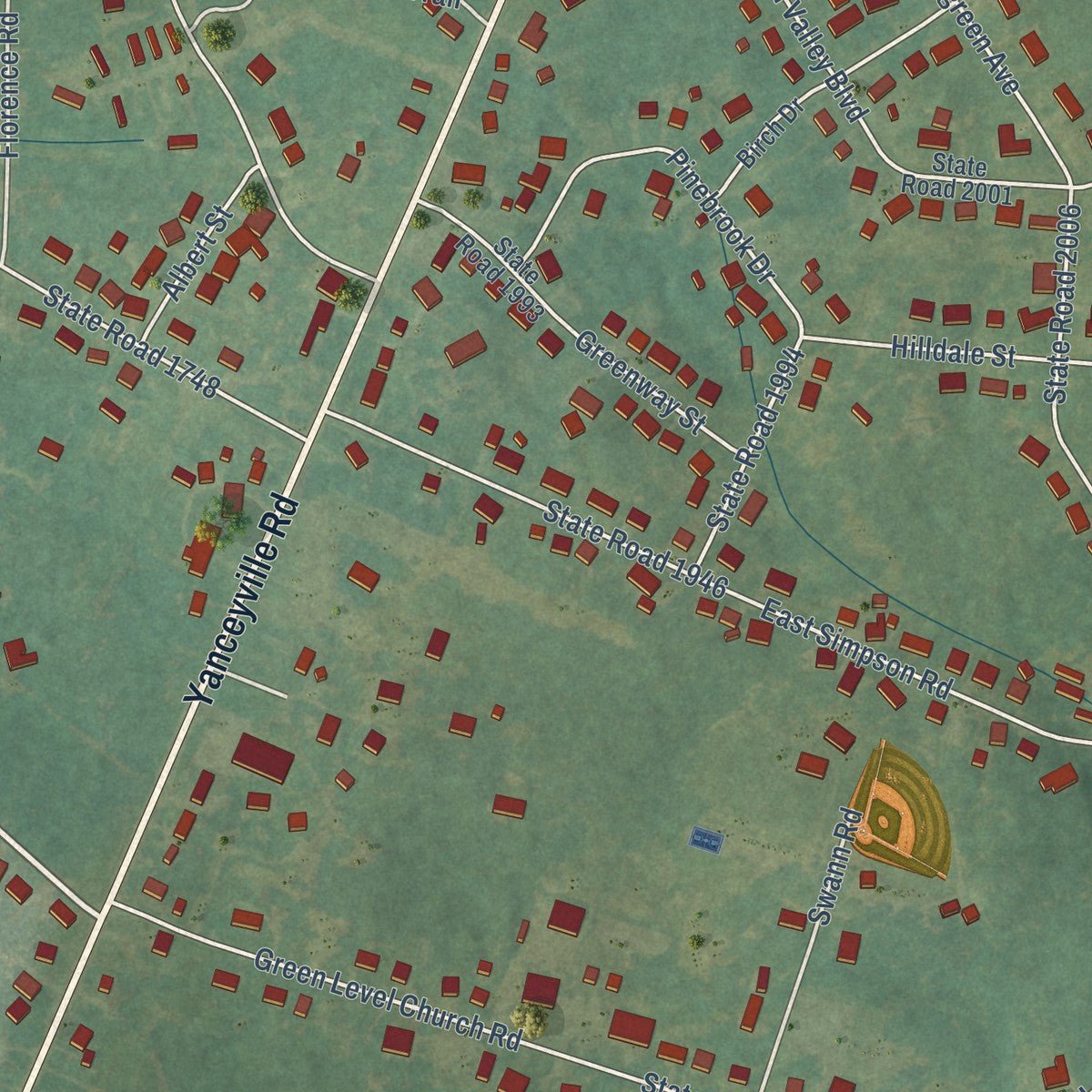 Second close-up of the map of Green Level, North Carolina print showing more streets and buildings
