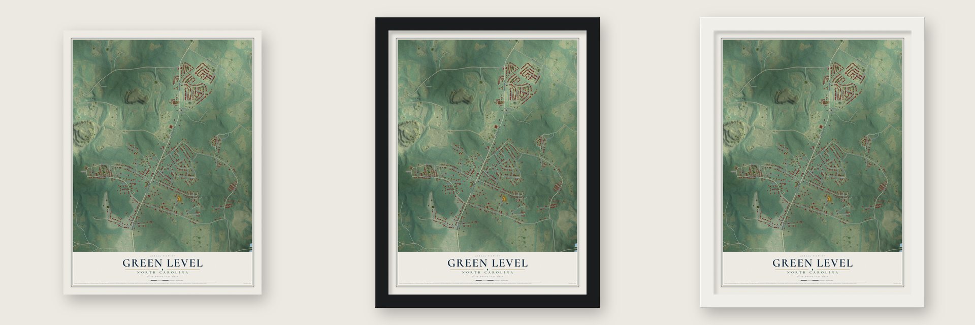 Green Level, North Carolina map unframed, in a black wood frame and in a white wood frame
