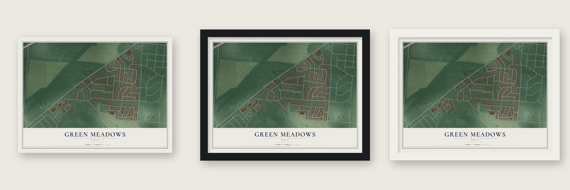 Green Meadows, Ohio map unframed, in a black wood frame and in a white wood frame