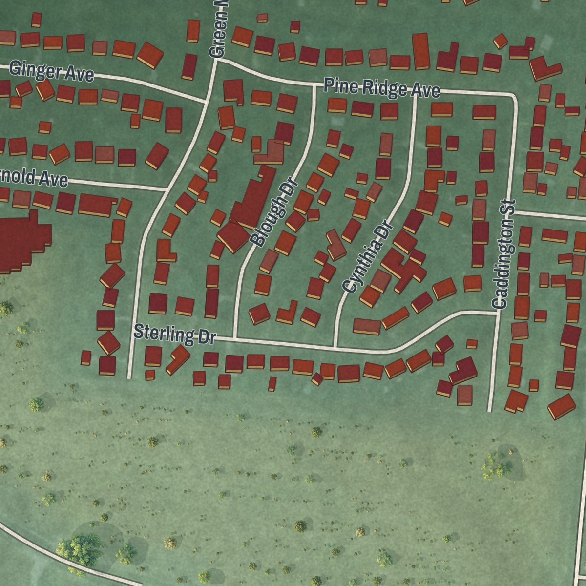 Second close-up of the map of Green Meadows, Ohio print showing more streets and buildings