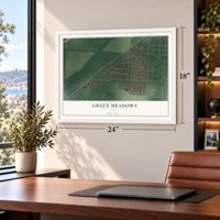 Green Meadows, Ohio map, 18 x 24 inch print in a white frame in a home office
