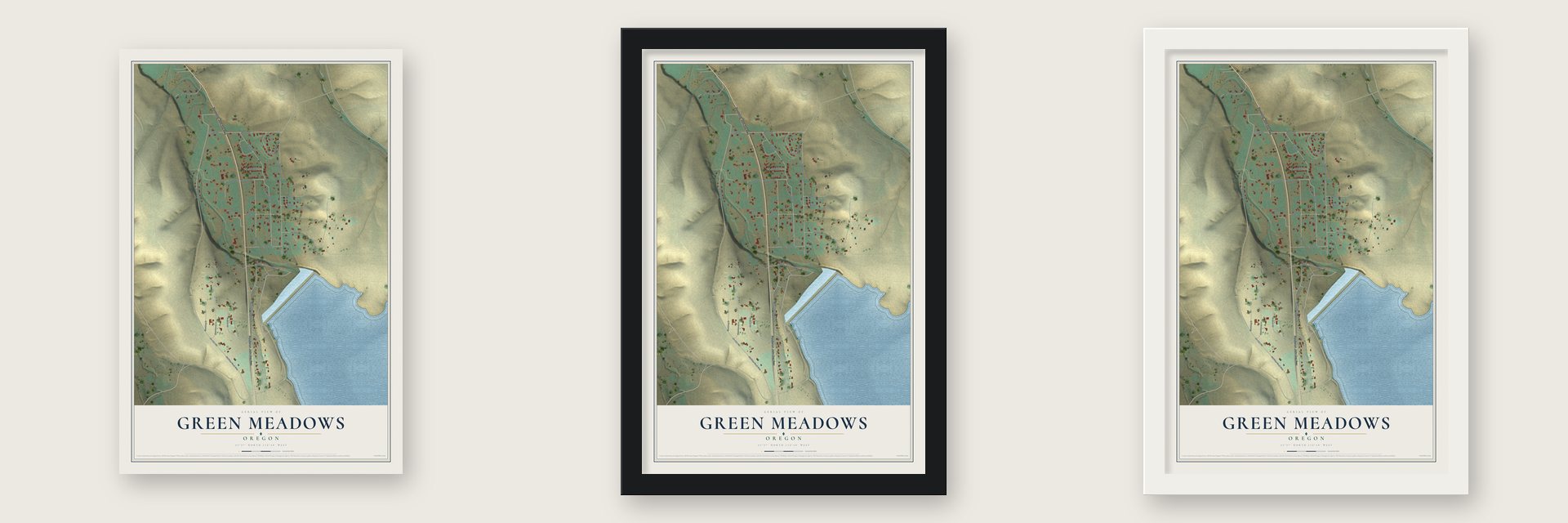 Green Meadows, Oregon map unframed, in a black wood frame and in a white wood frame