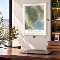Green Meadows, Oregon map, 18 x 24 inch print in a white frame in a home office