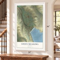 Green Meadows, Oregon map, 24 x 36 inch print in a white frame by a staircase