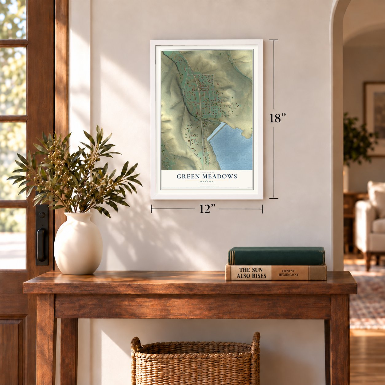 Green Meadows, Oregon map, 12 x 18 inch print in a white frame in an entryway