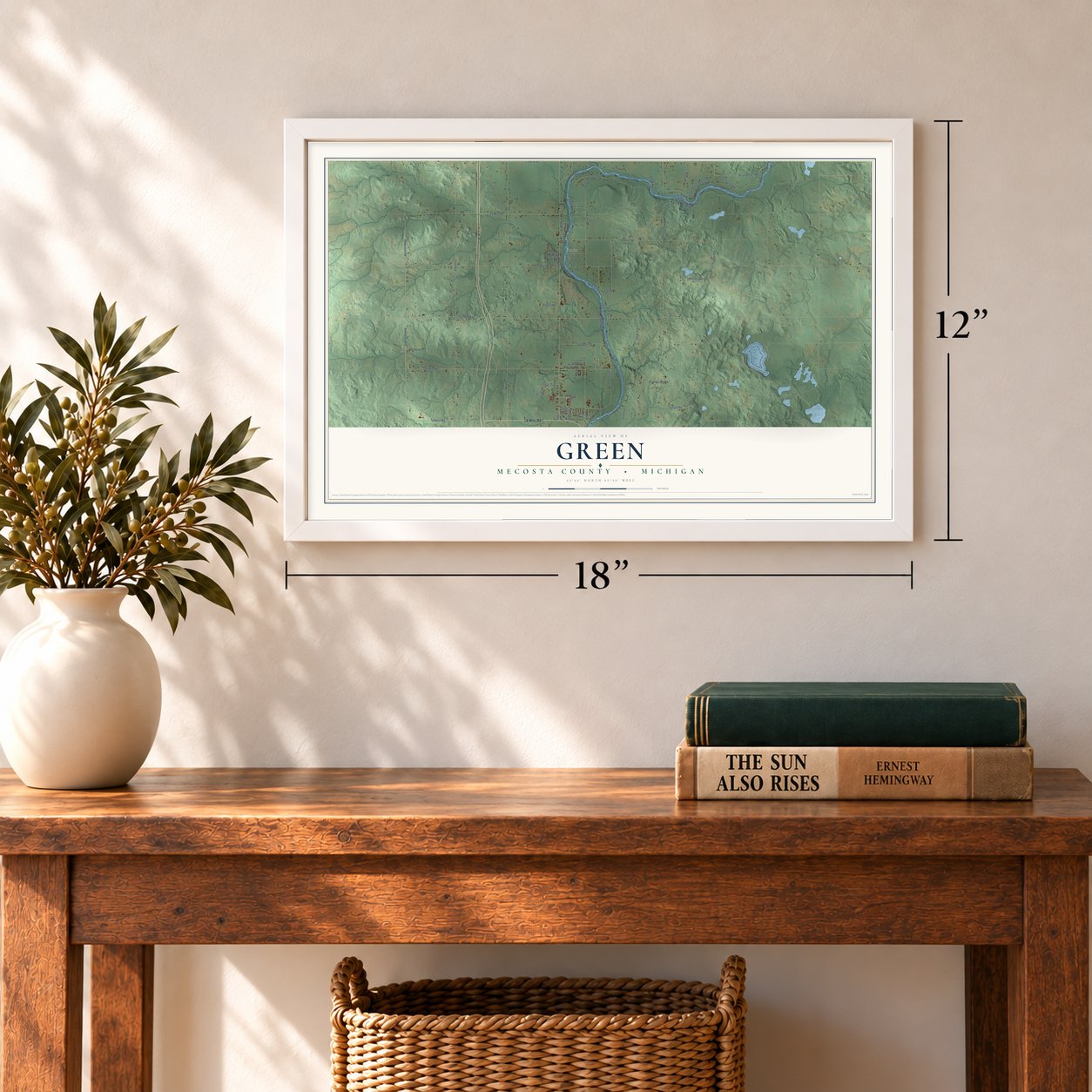 Green, Mecosta County, Michigan map, 12 x 18 inch print in a white frame in an entryway