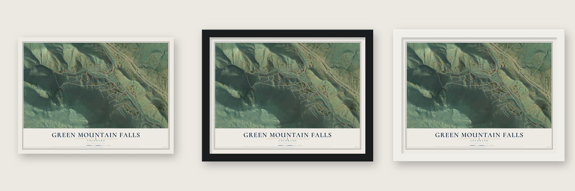 Green Mountain Falls, Colorado map unframed, in a black wood frame and in a white wood frame