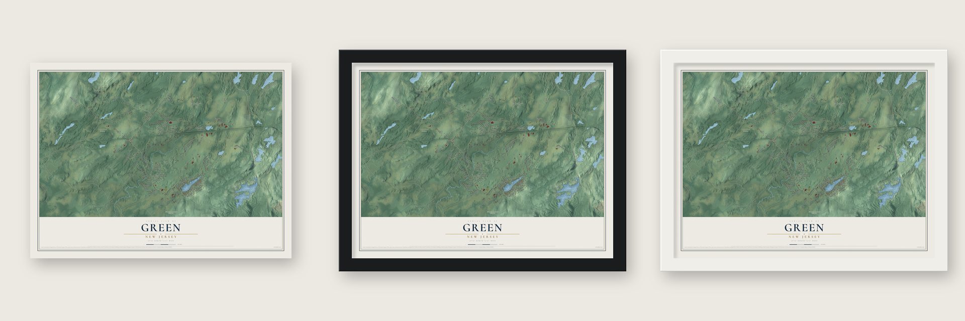 Green, New Jersey map unframed, in a black wood frame and in a white wood frame