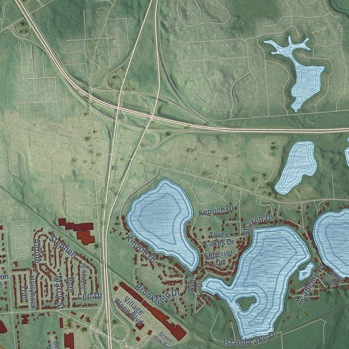 Second close-up of the map of Green Oak, Michigan print showing more streets and buildings