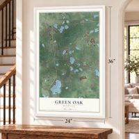 Green Oak, Michigan map, 24 x 36 inch print in a white frame by a staircase