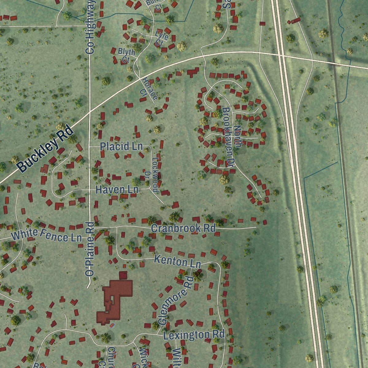 Second close-up of the map of Green Oaks, Illinois print showing more streets and buildings