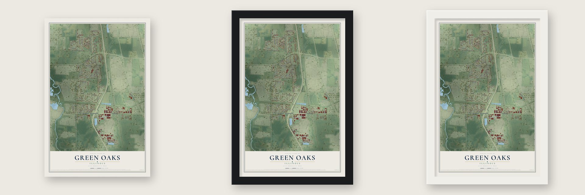 Green Oaks, Illinois map unframed, in a black wood frame and in a white wood frame