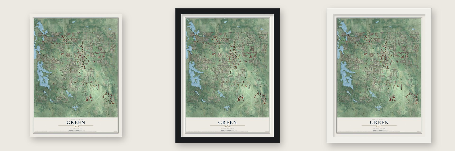 Green, Ohio map unframed, in a black wood frame and in a white wood frame
