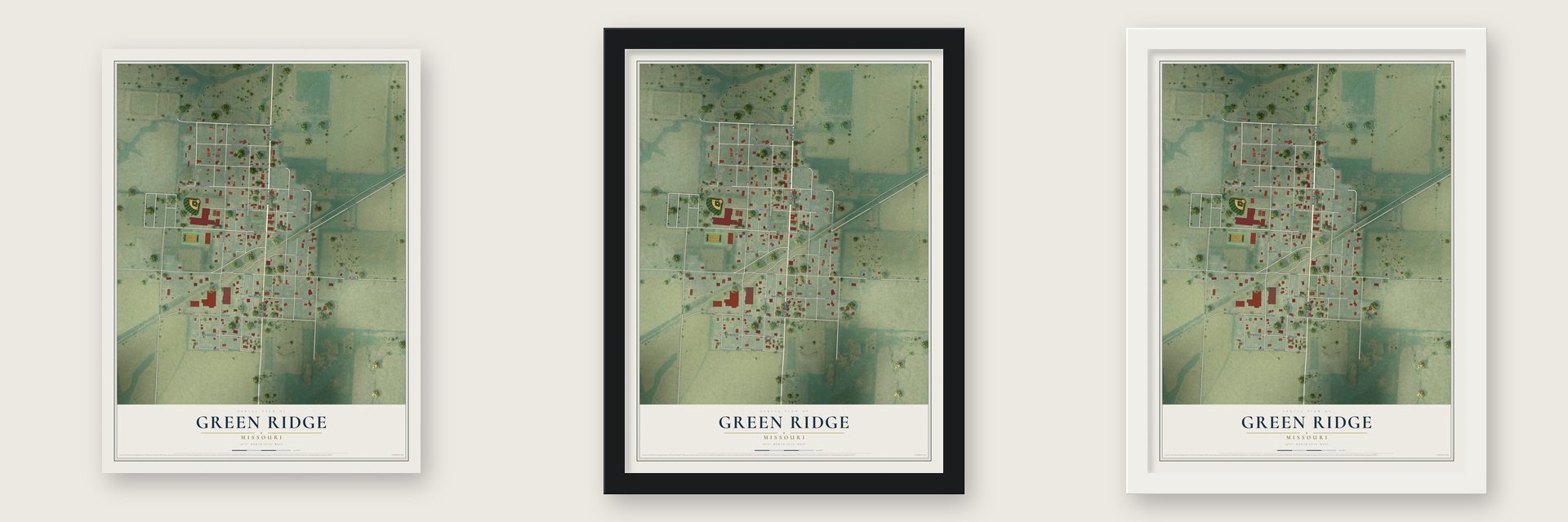 Green Ridge, Missouri map unframed, in a black wood frame and in a white wood frame
