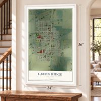 Green Ridge, Missouri map, 24 x 36 inch print in a white frame by a staircase