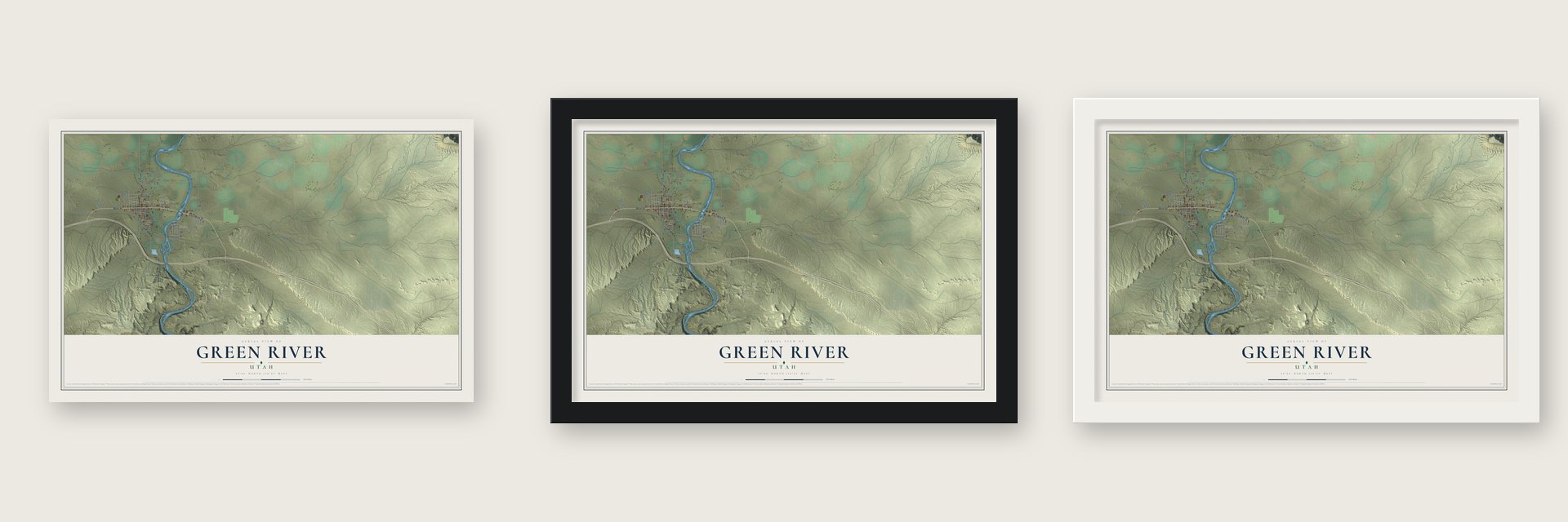 Green River, Utah map unframed, in a black wood frame and in a white wood frame