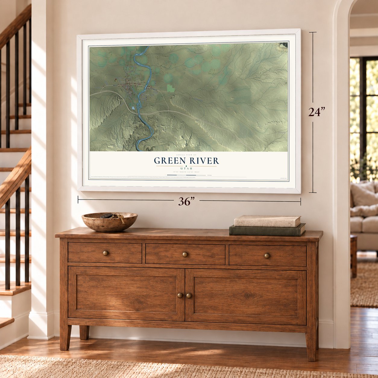 Green River, Utah map, 24 x 36 inch print in a white frame above a dresser by a staircase