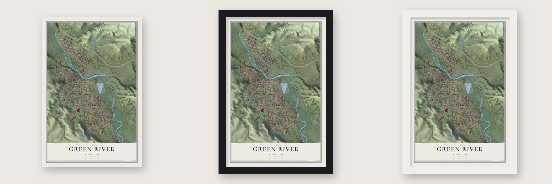 Green River, Wyoming map unframed, in a black wood frame and in a white wood frame