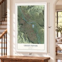 Green River, Wyoming map, 24 x 36 inch print in a white frame by a staircase