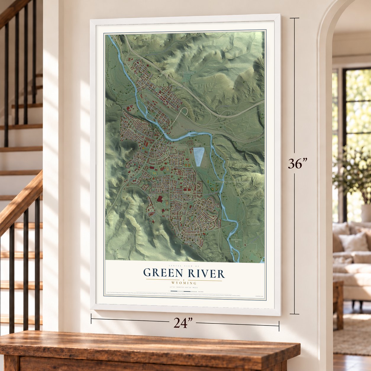 Green River, Wyoming map, 24 x 36 inch print in a white frame by a staircase