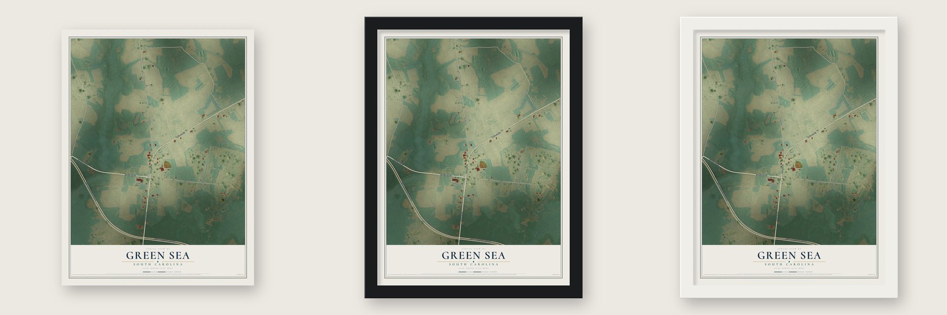 Green Sea, South Carolina map unframed, in a black wood frame and in a white wood frame