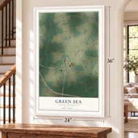 Green Sea, South Carolina map, 24 x 36 inch print in a white frame by a staircase