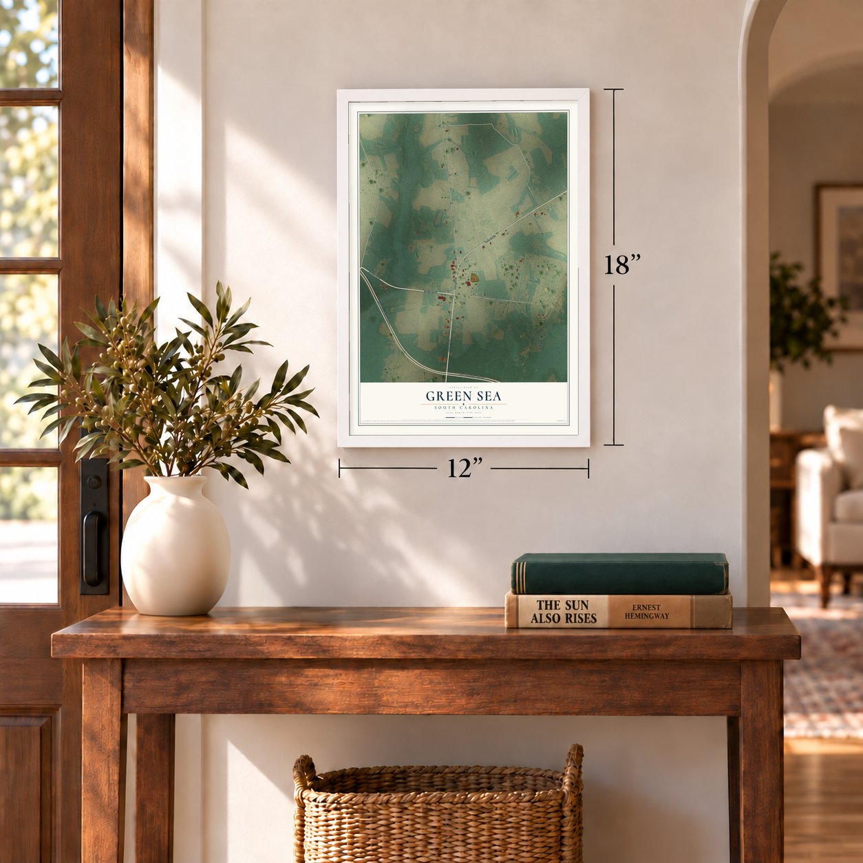 Green Sea, South Carolina map, 12 x 18 inch print in a white frame in an entryway