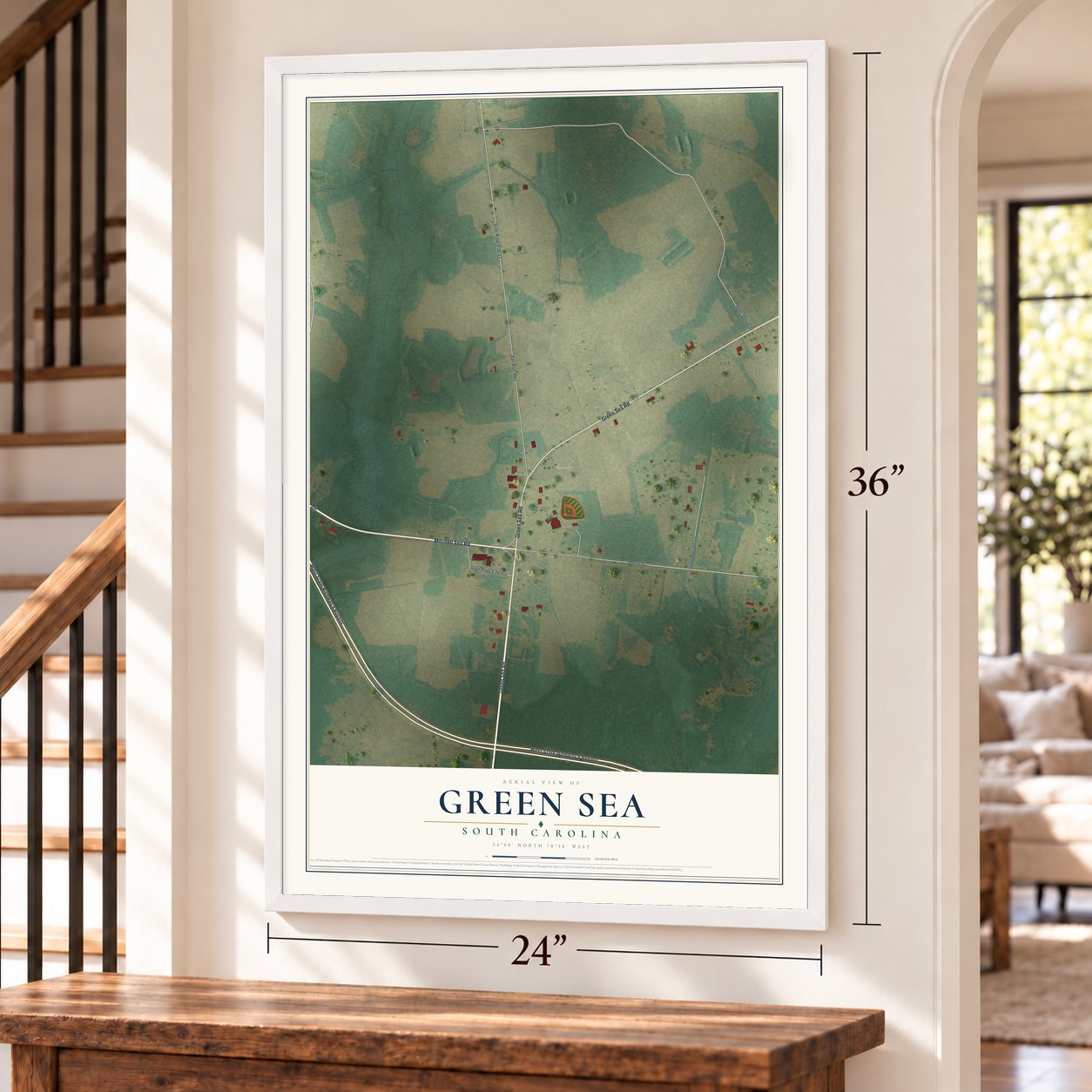 Green Sea, South Carolina map, 24 x 36 inch print in a white frame by a staircase