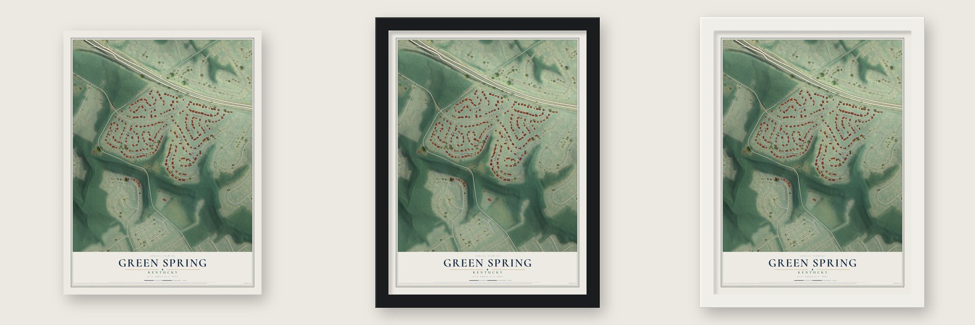 Green Spring, Kentucky map unframed, in a black wood frame and in a white wood frame
