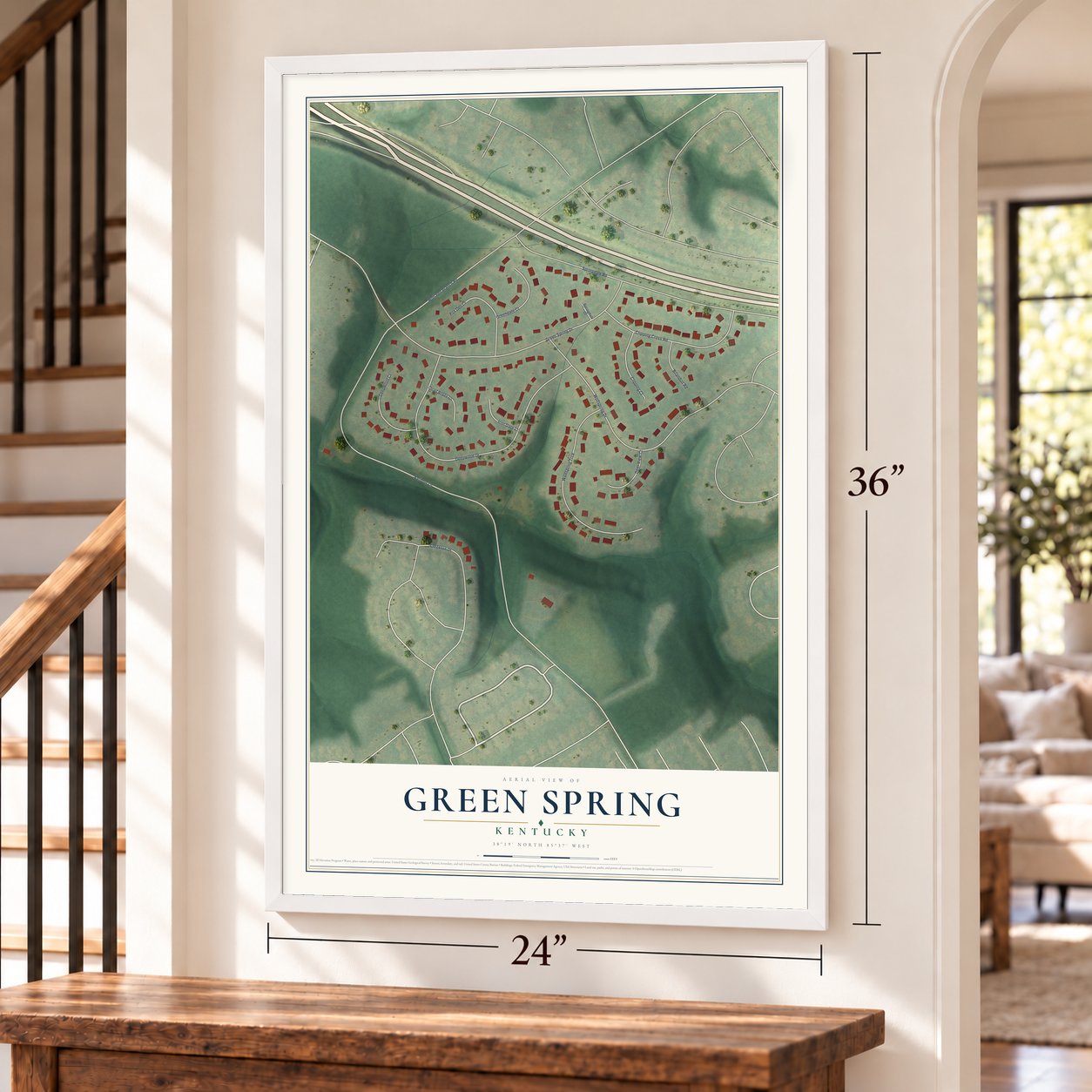 Green Spring, Kentucky map, 24 x 36 inch print in a white frame by a staircase