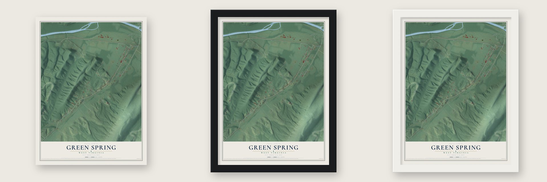 Green Spring, West Virginia map unframed, in a black wood frame and in a white wood frame