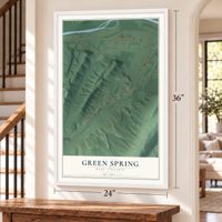 Green Spring, West Virginia map, 24 x 36 inch print in a white frame by a staircase