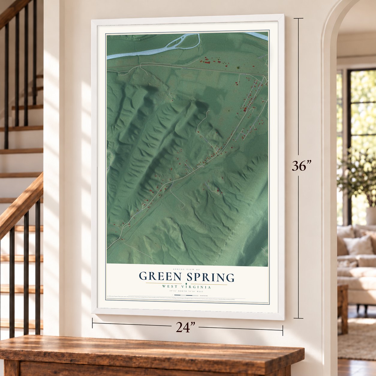 Green Spring, West Virginia map, 24 x 36 inch print in a white frame by a staircase