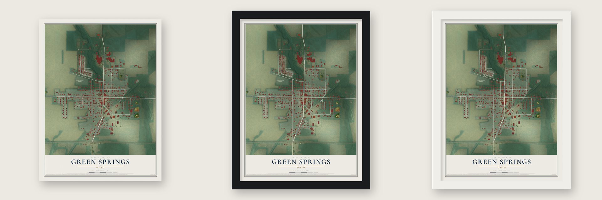 Green Springs, Ohio map unframed, in a black wood frame and in a white wood frame