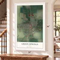 Green Springs, Ohio map, 24 x 36 inch print in a white frame by a staircase