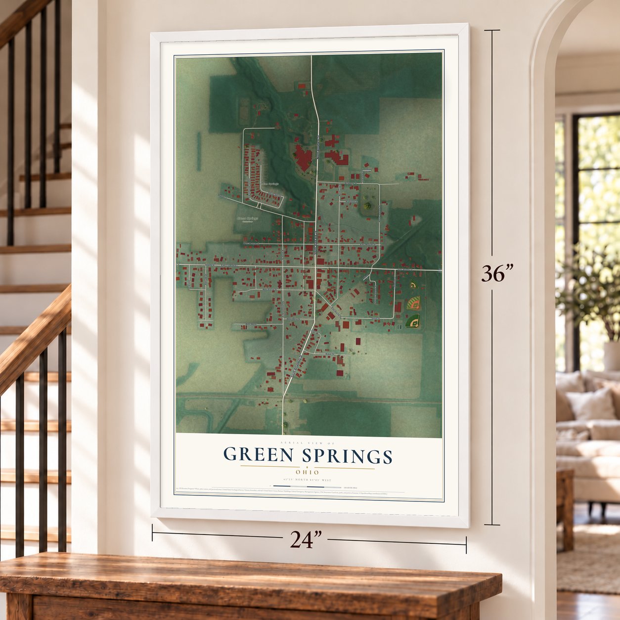 Green Springs, Ohio map, 24 x 36 inch print in a white frame by a staircase