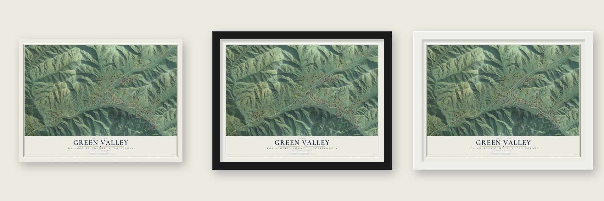 Green Valley, California map unframed, in a black wood frame and in a white wood frame
