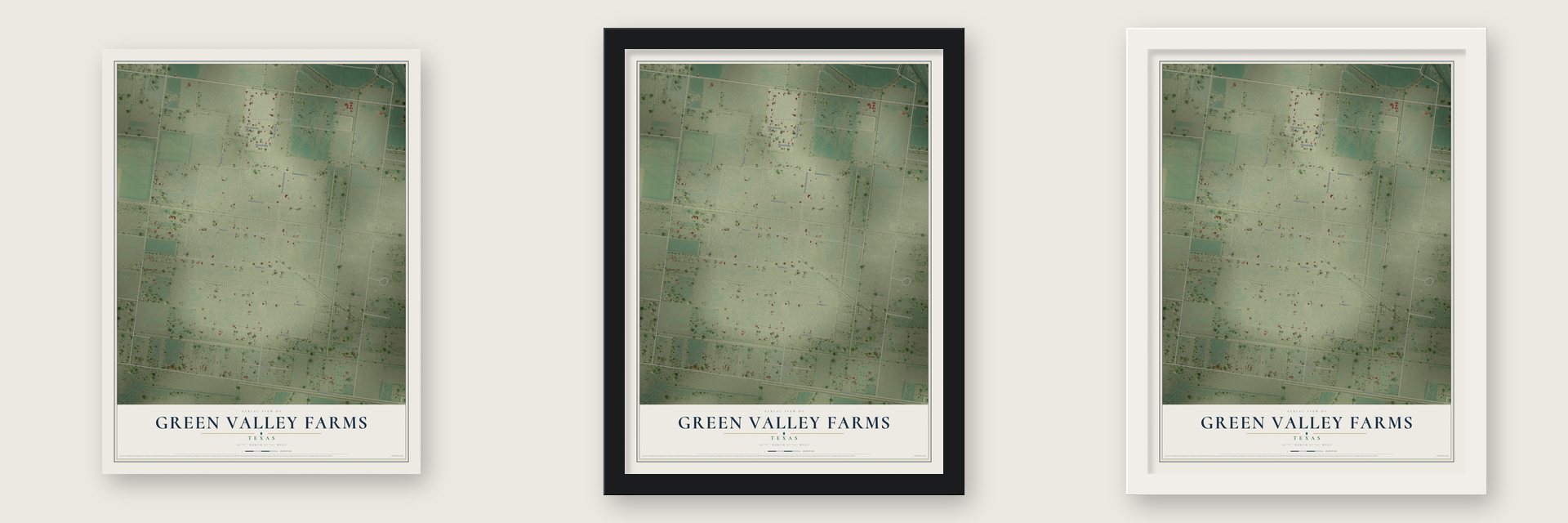 Green Valley Farms, Texas map unframed, in a black wood frame and in a white wood frame