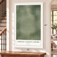 Green Valley Farms, Texas map, 24 x 36 inch print in a white frame by a staircase