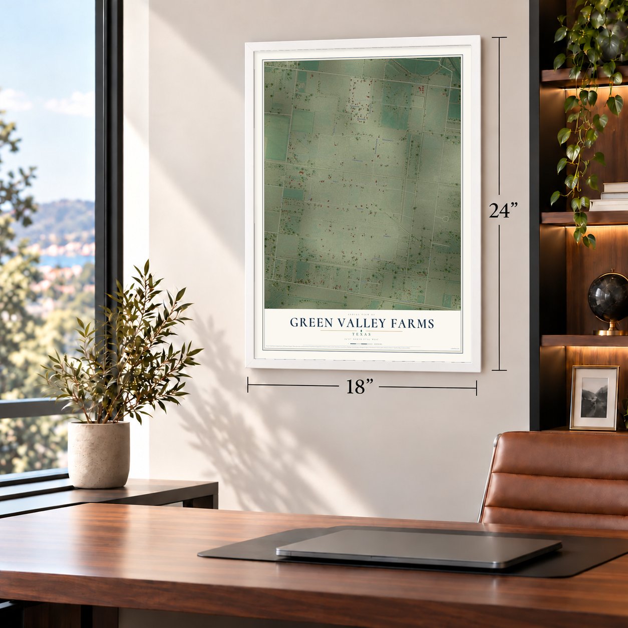 Green Valley Farms, Texas map, 18 x 24 inch print in a white frame in a home office