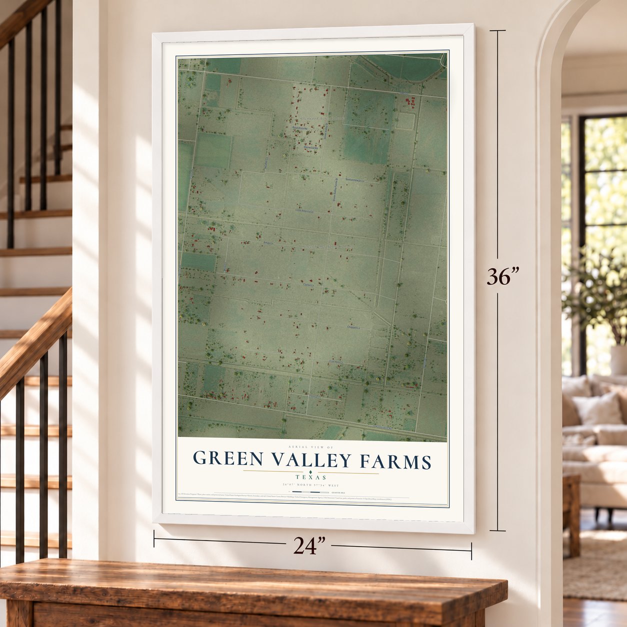 Green Valley Farms, Texas map, 24 x 36 inch print in a white frame by a staircase