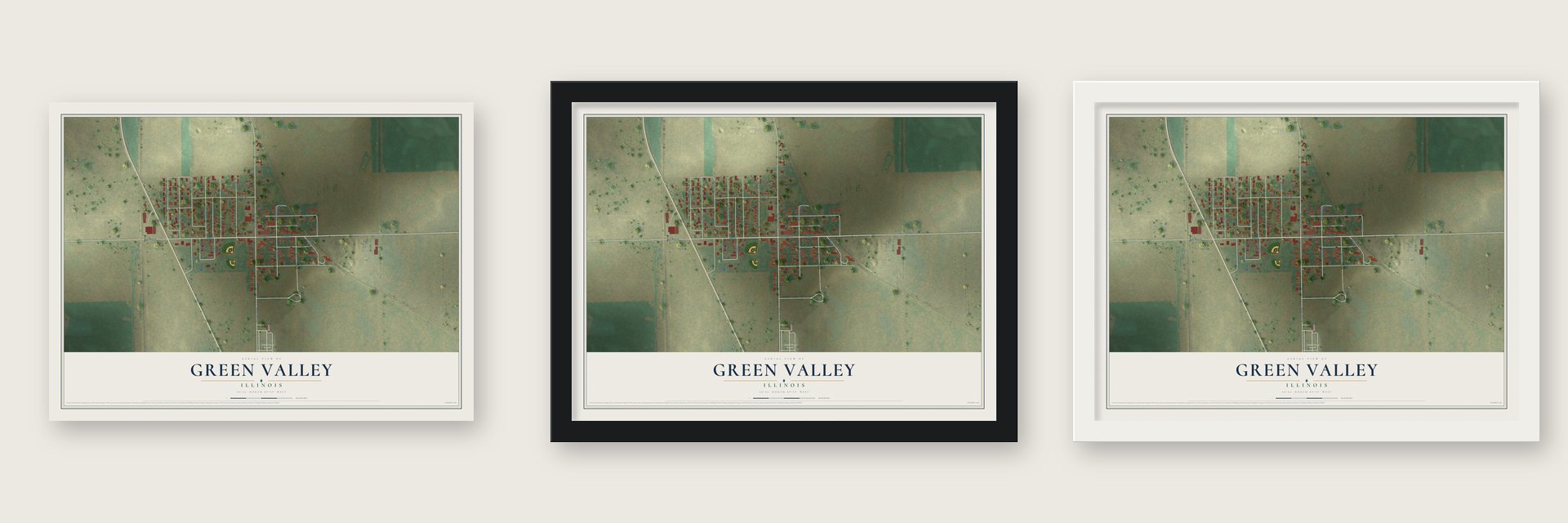 Green Valley, Illinois map unframed, in a black wood frame and in a white wood frame