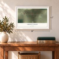 Green Valley, Illinois map, 12 x 18 inch print in a white frame in an entryway