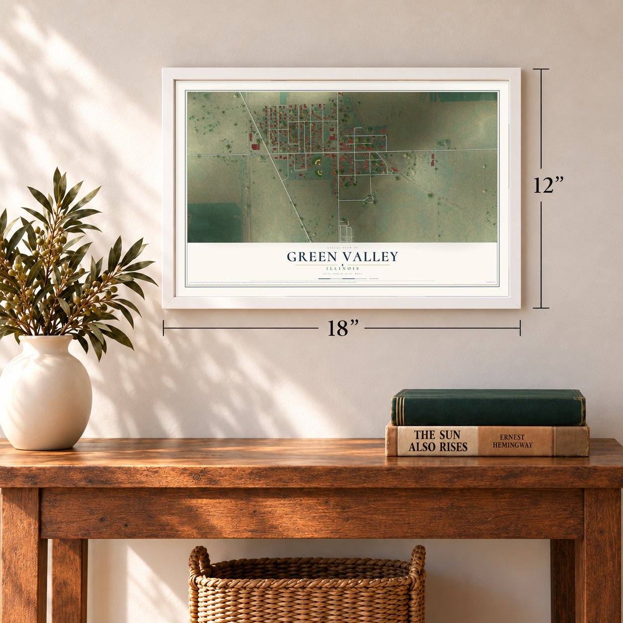 Green Valley, Illinois map, 12 x 18 inch print in a white frame in an entryway