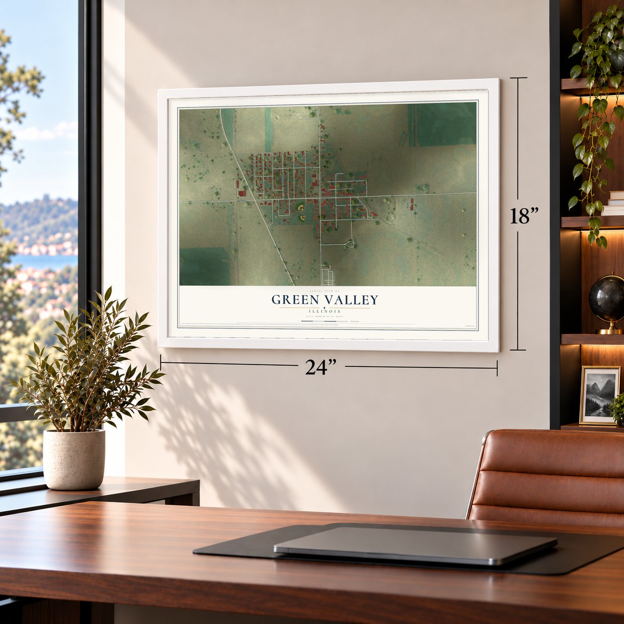 Green Valley, Illinois map, 18 x 24 inch print in a white frame in a home office