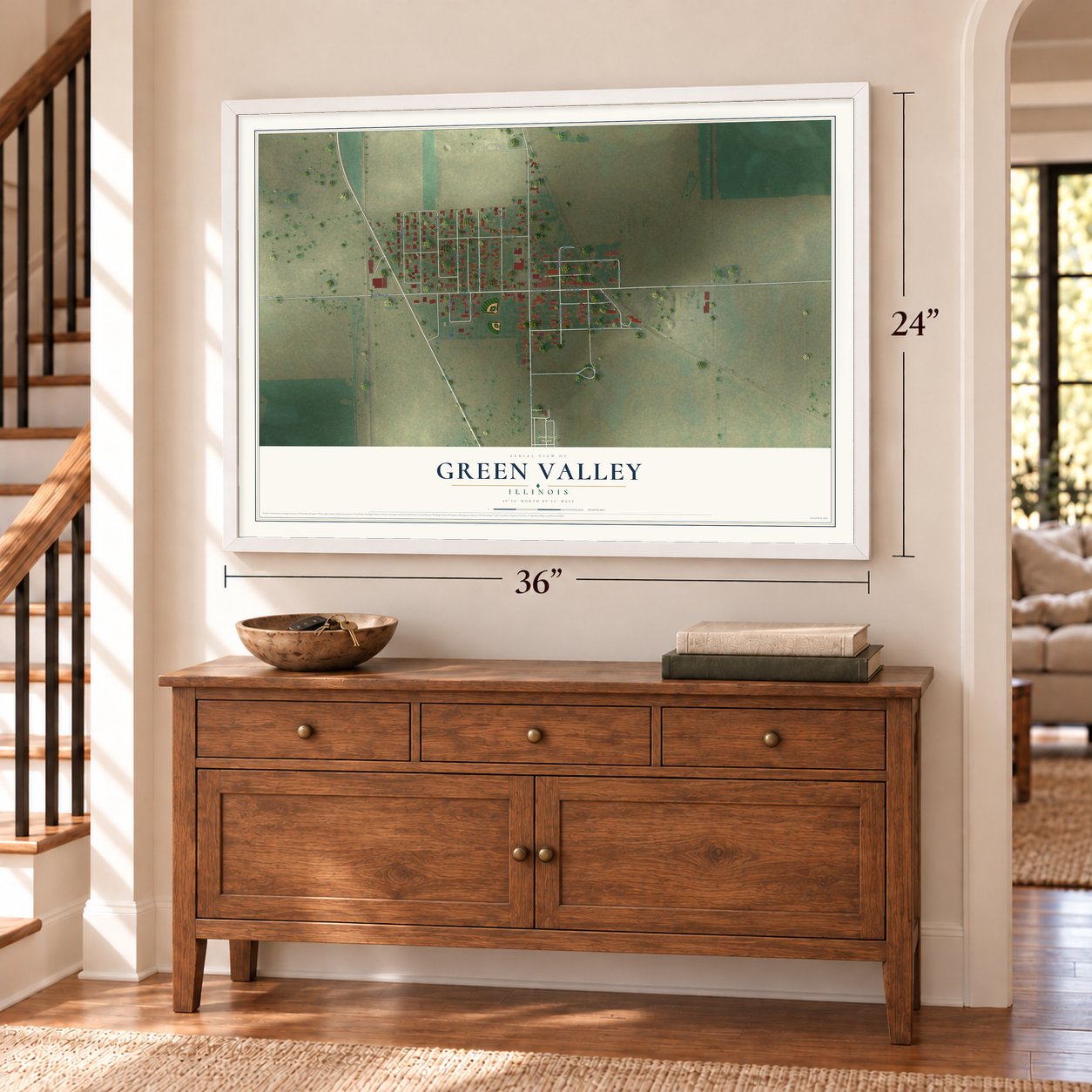 Green Valley, Illinois map, 24 x 36 inch print in a white frame above a dresser by a staircase