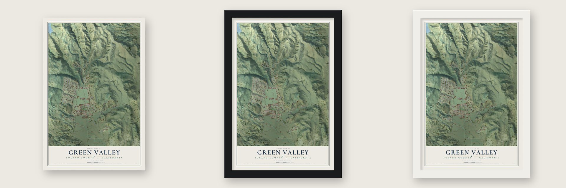 Green Valley, Solano County, California map unframed, in a black wood frame and in a white wood frame